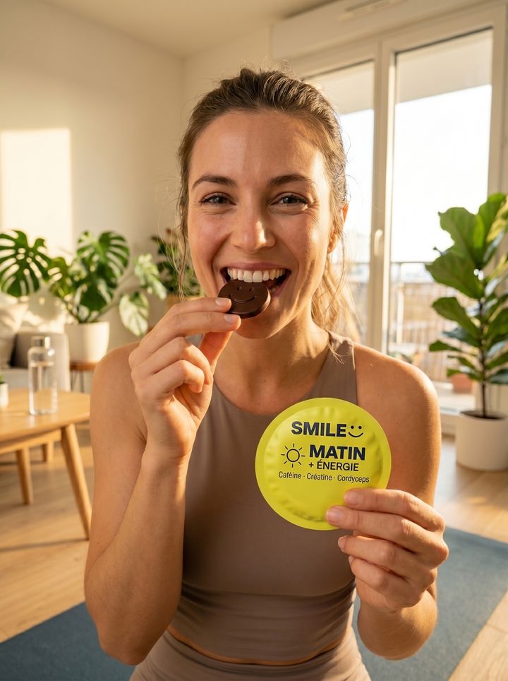 Au réveil, elle croque un palet SMILE Matin — énergie, sourire