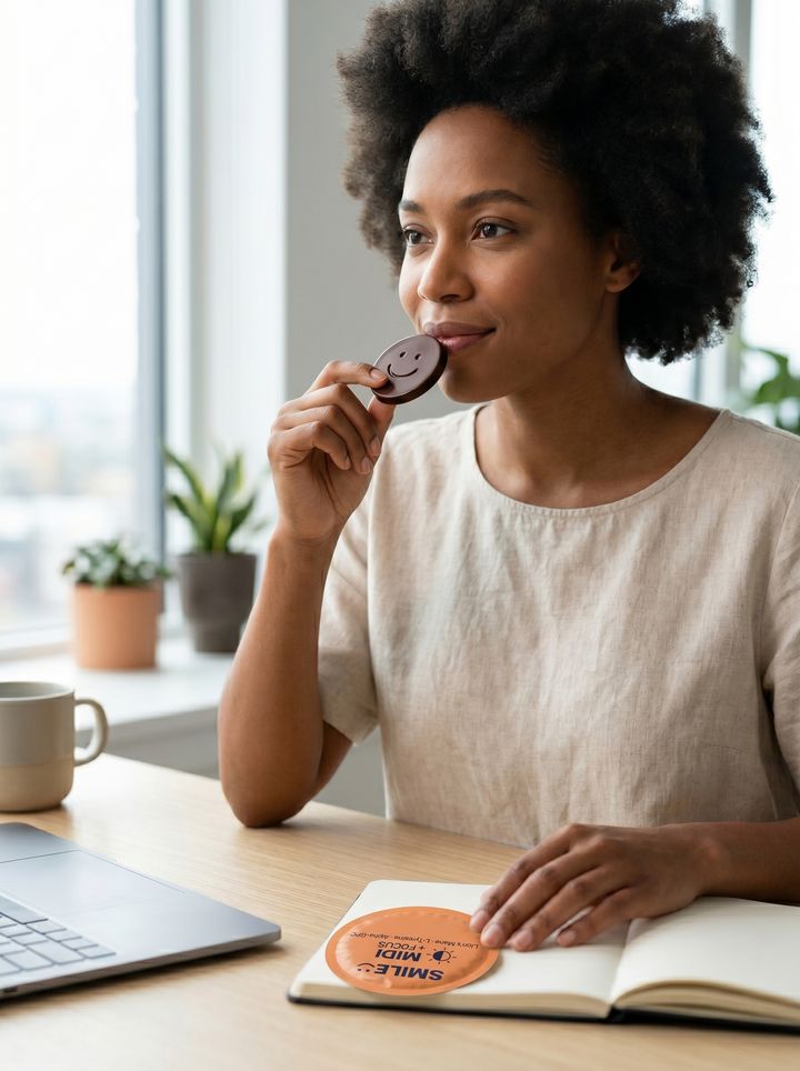 Au bureau, elle savoure un palet SMILE Midi — focus serein
