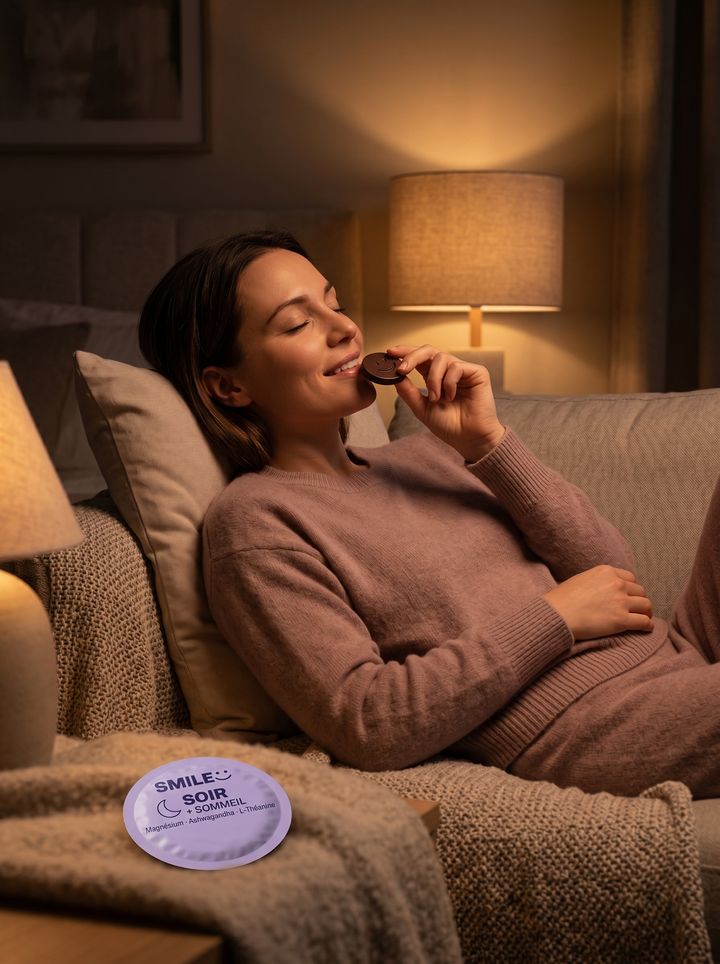 Le soir dans le canapé, elle déguste un palet SMILE Soir — détente